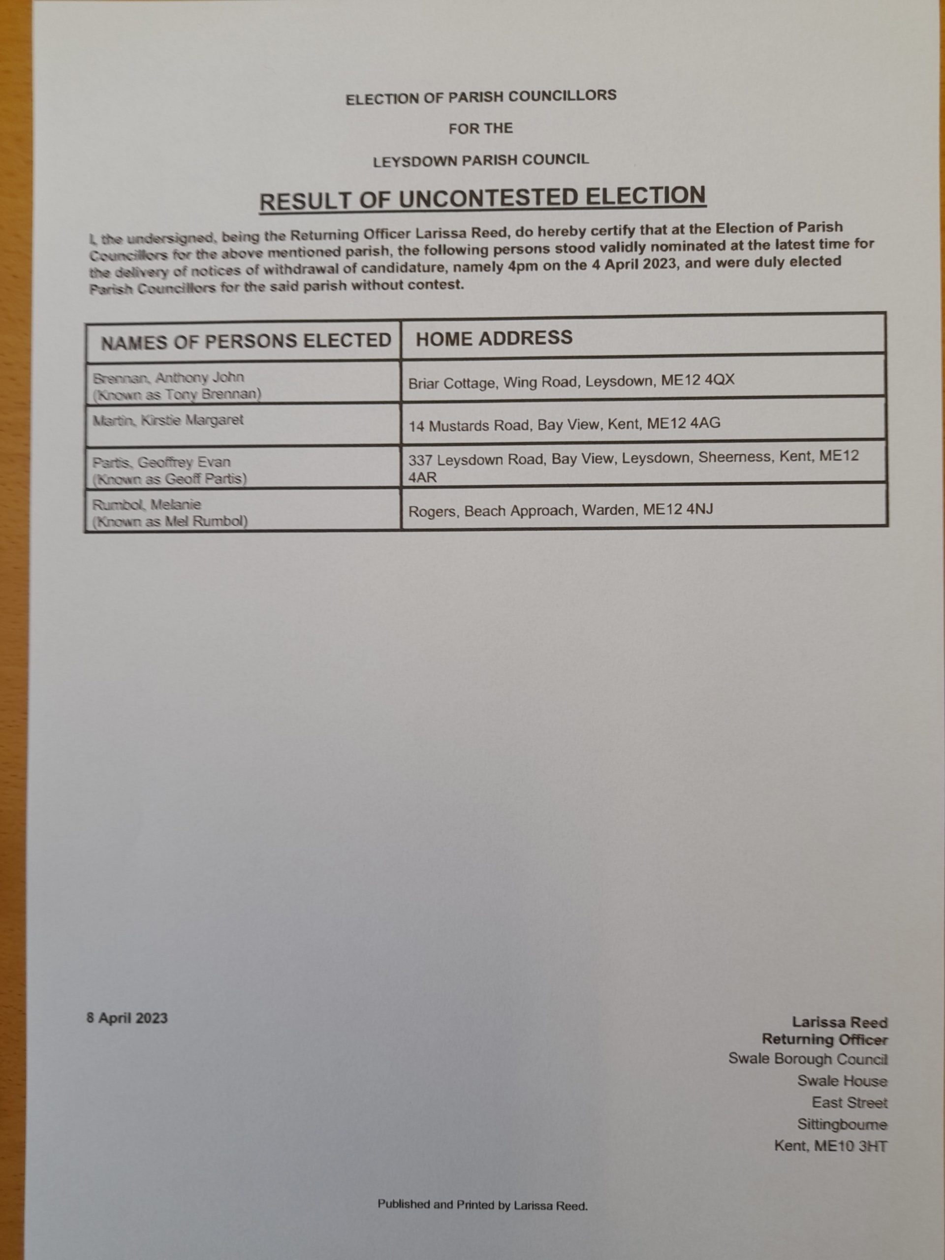 Result Of Uncontested Election